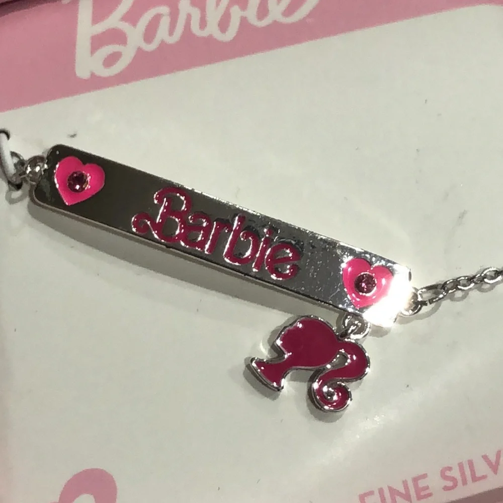 Barbie fine silver plated Barbie charm pink heart printed bar bracelet new‎